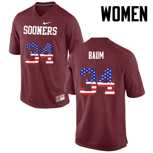 Women Oklahoma Sooners #34 Tanner Baum College Football USA Flag Fashion Jerseys-Crimson - Click Image to Close